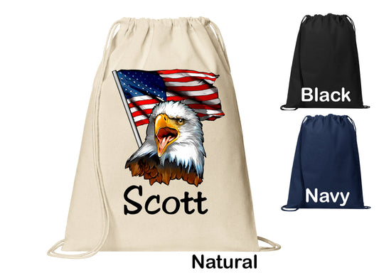 Personalized Eagle and Flag Patriotic Cinch Pack, Drawstring Gym School PE Pool Backpack, Printed Monogrammed Custom Name, Perfect Gift