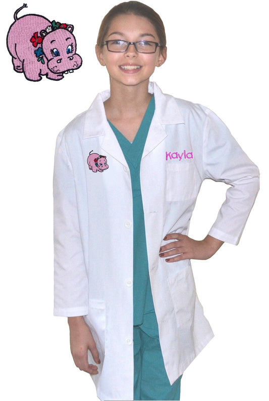 Personalized Kids Lab Coat with Hippo Embroidery Design, Veterinarian Lab Coat, Birthday Gift, Childrens Lab Coat, Monogrammed Name