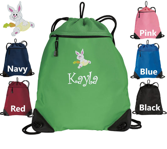Personalized Kids Rabbit Cinch Pack, Drawstring Gym School PE Pool Backpack, Embroidered Bunny, with Custom Name, Kids Gift