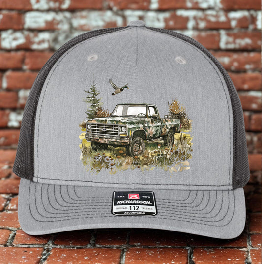 Hunting Truck Trucker Hat, Cool Pickup Hat Design, Richardson 112, Duck Hunter Dad Gift Husband Gift, Sportsman Gift, Printed Hat