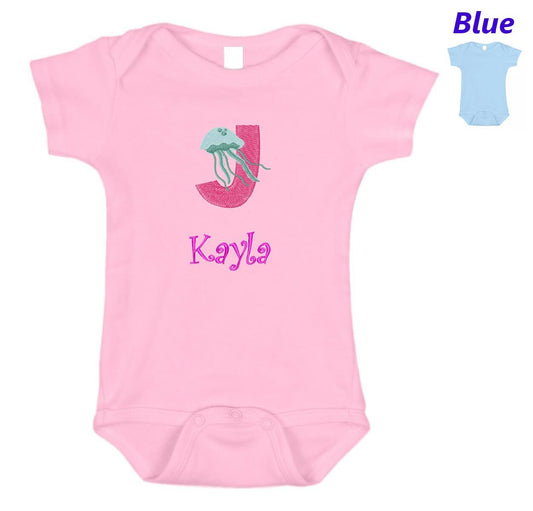 Personalized Baby Onesie Pink Blue Embroidered Letter J Jellyfish Newborn One Piece Body Suit Baby Shower Gift Monogrammed Your Baby's Name