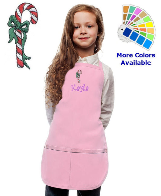 Personalized Kids Christmas Apron with Candy Cane Embroidery Design, Child Xmas Gift, Holiday Apron
