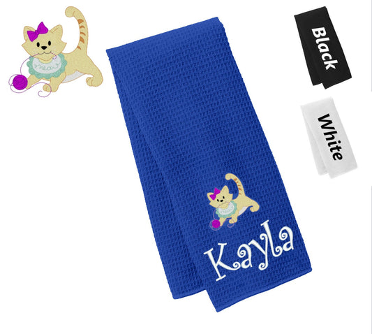 Personalized Towel Kitten Design, Kitchen Towel, Hand Towel, Bathroom Towel, Waffle Microfiber, Embroidered Name, Kids Gift, Mom Gift