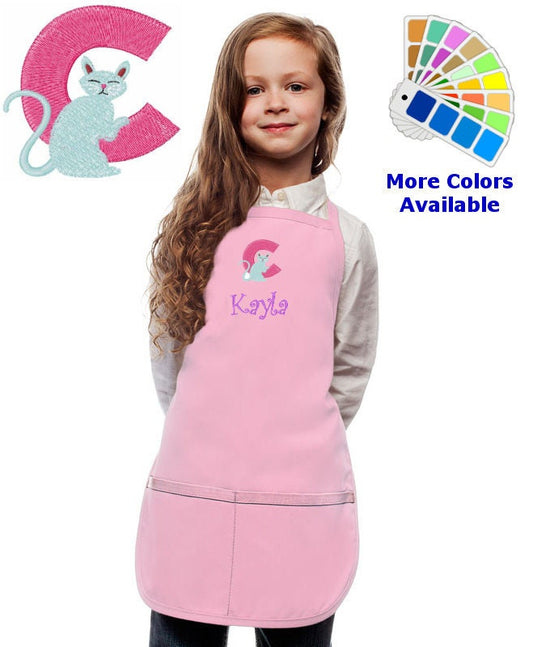 Personalized Kids Apron with Animal Alphabet Letter C Cat Embroidery Design, Monogrammed Art Smock, Childrens Apron, Cooking Gift