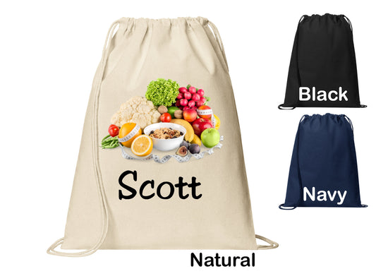 Personalized Healthy Foods Cinch Pack, Drawstring Gym School Pool Backpack, Printed Monogrammed Custom Name, Perfect Gift