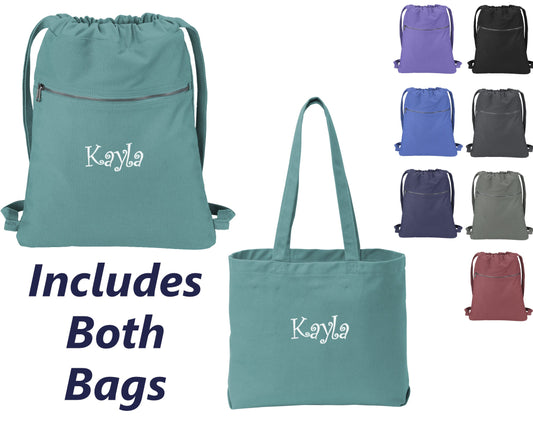 Personalized Beach Wash Cinch Pack and Tote Bag, Drawstring School PE Pool Backpack, Embroidered, Custom Name, Bridesmaid Gift