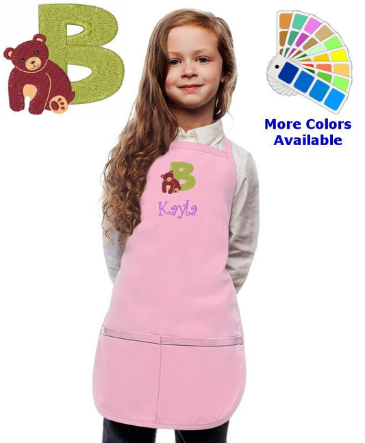 Personalized Kids Apron with Animal Alphabet Letter B Bear Embroidery Design, Monogrammed Art Smock, Childrens Apron, Cooking Gift