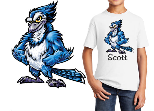 Personalized Kids T-Shirt Blue Jay Bird Mascot Design, T-Shirt, Colorful, Cotton, Low Price Inexpensive Tee Shirt, Student Gift, School Gift
