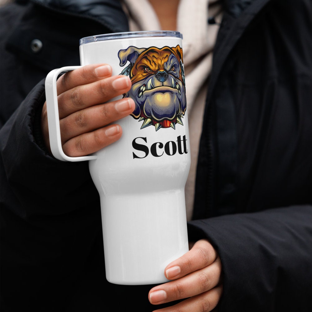 Custom Bulldog Dog Travel Mug Tumbler with Handle, Stainless Steel BPA-free plastic Cup, 25 Ounce Mug, Dad Mom Dog Lover Gift