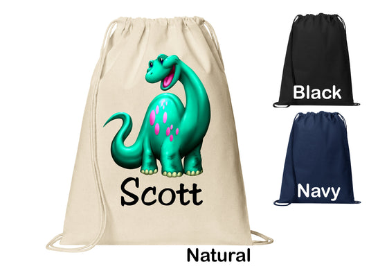 Personalized Cute Green Dinosaur Cinch Pack, Drawstring Gym School PE Pool Backpack, Printed Monogrammed Custom Name, Perfect Gift