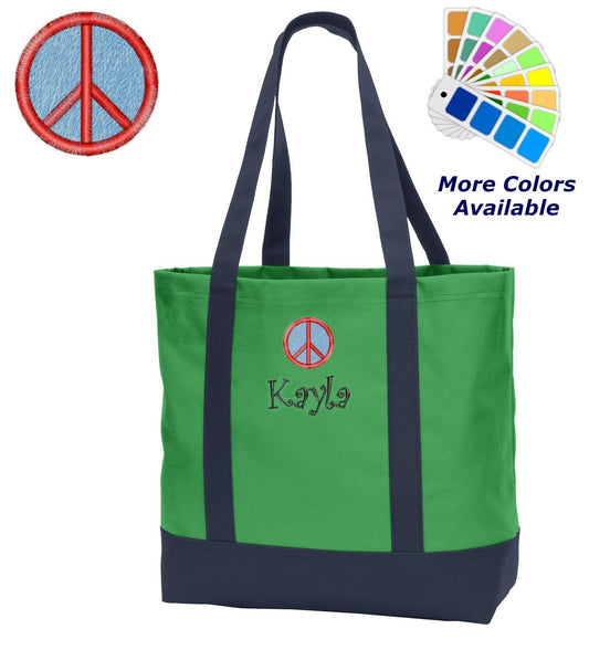 Personalized Peace Sign Tote Bag Embroidered with Name of Your Choice Perfect Gift