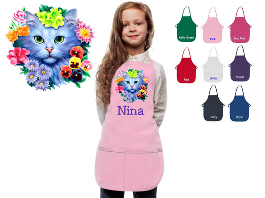 Personalized Kids Apron Cat Kitten Flowers Design, Monogrammed Chef Gift, Chef Gift, Cooking Party, Art Party, School Aprons, Printed Apron
