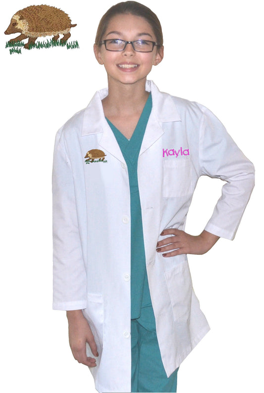 Personalized Kids Lab Coat with Hedgehog Embroidery Design, Veterinarian Lab Coat, Birthday Gift, Childrens Lab Coat, Monogrammed Name