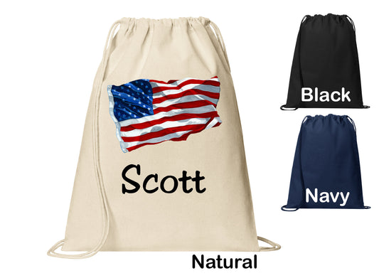 Personalized American Flag Patriotic Cinch Pack, Drawstring Gym School PE Pool Backpack, Printed Monogrammed Custom Name, Perfect Gift
