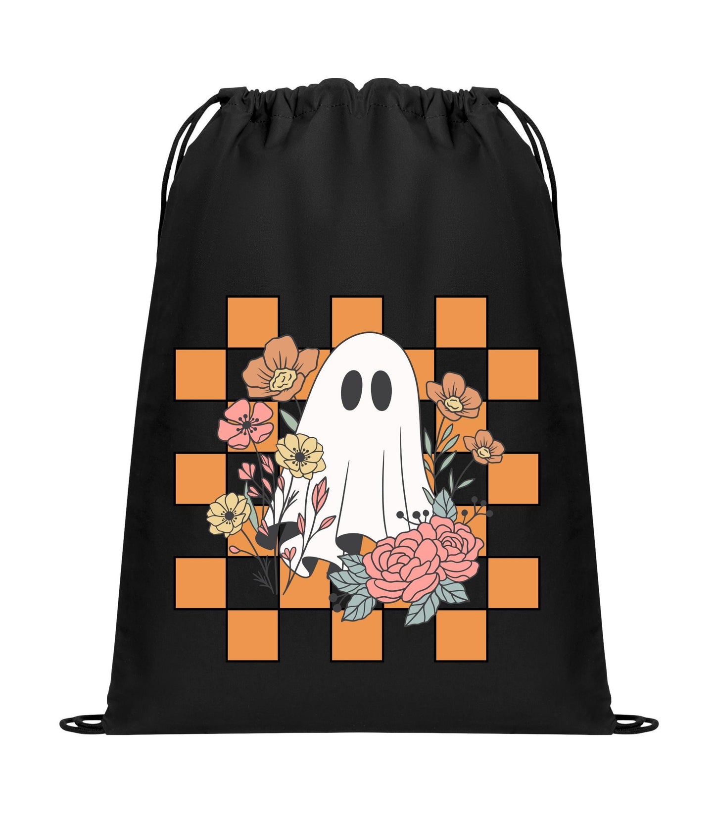 Halloween Cinch Pack, Drawstring Ghost Backpack, Retro Candy Bag, Printed Ghost Flowers Checkers, Perfect Fall Gift, Mom Gift