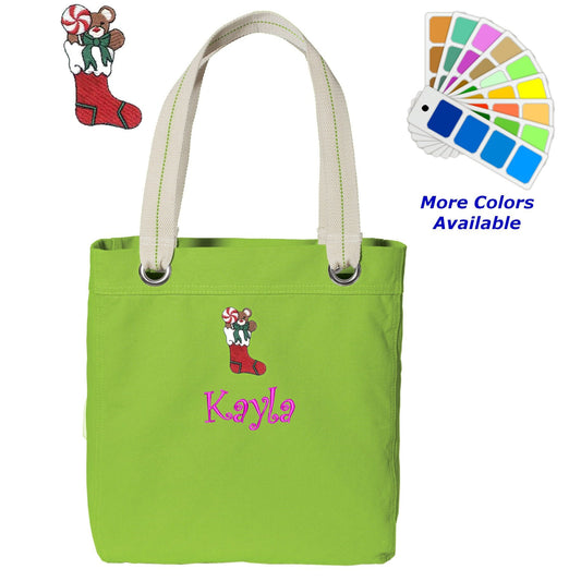Personalized Canvas Tote Bag Bear Christmas Stocking Design Contrast Lined with Metal Grommets Embroidered with Name or Text of Your Choice