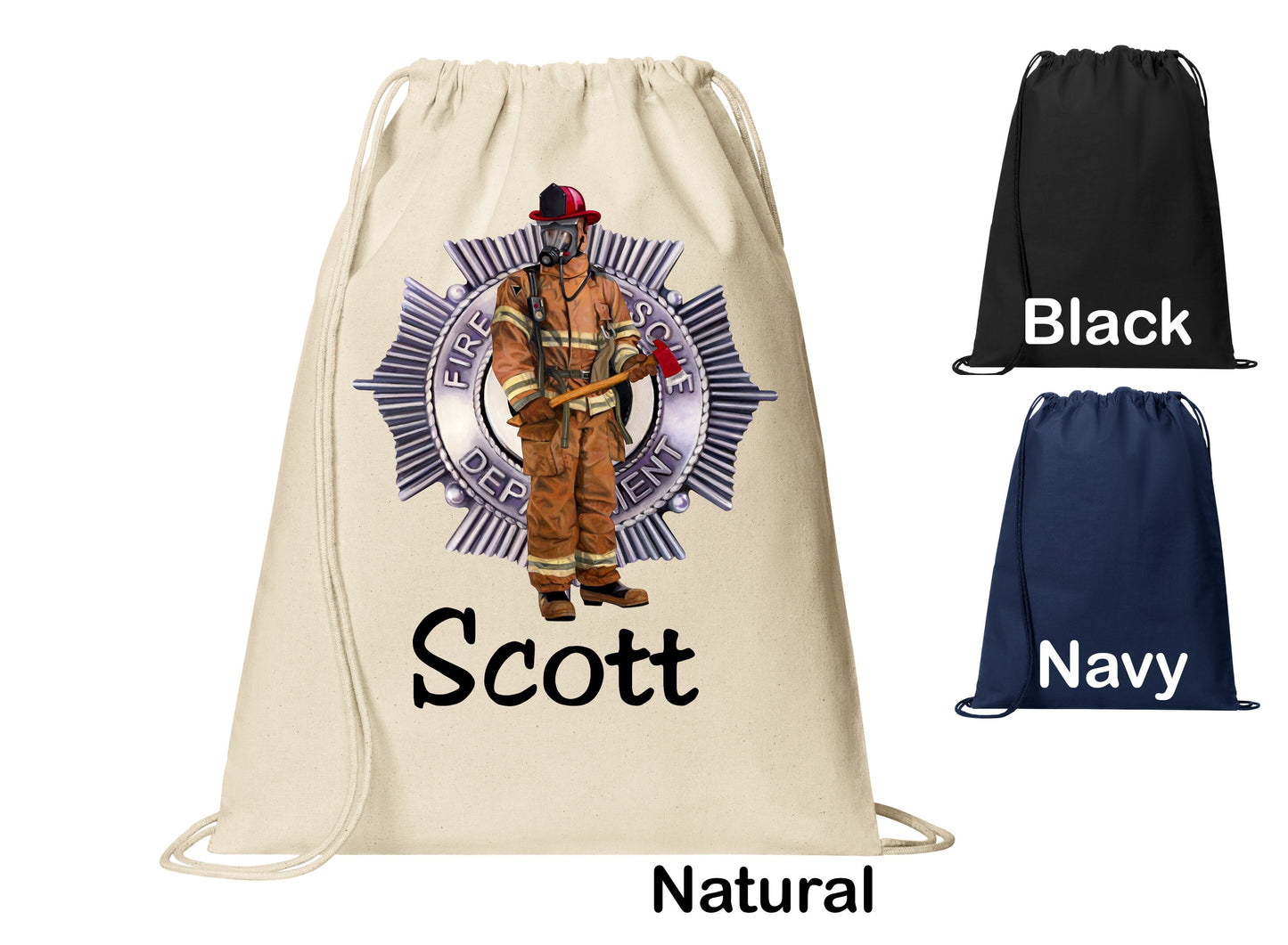 Personalized Firefighter with Axe Badge Cinch Pack, Drawstring Gym School Pool Backpack, Printed Monogrammed Custom Name, Perfect Gift