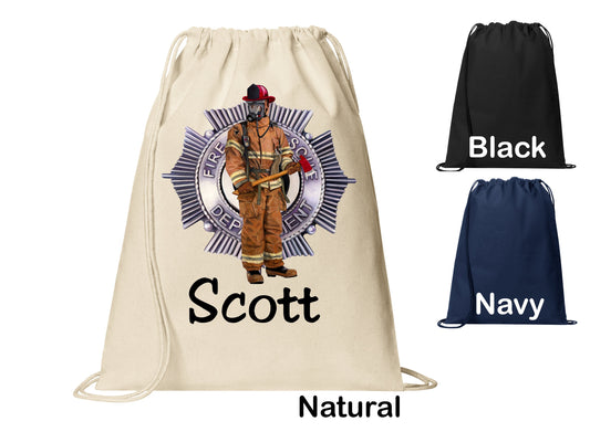 Personalized Firefighter with Axe Badge Cinch Pack, Drawstring Gym School Pool Backpack, Printed Monogrammed Custom Name, Perfect Gift
