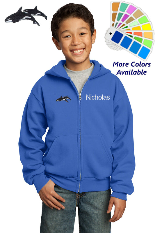 Personalized Kids Hoodie Sweatshirt Zipper Embroidered Killer Whales Design with a Name of Your Choice