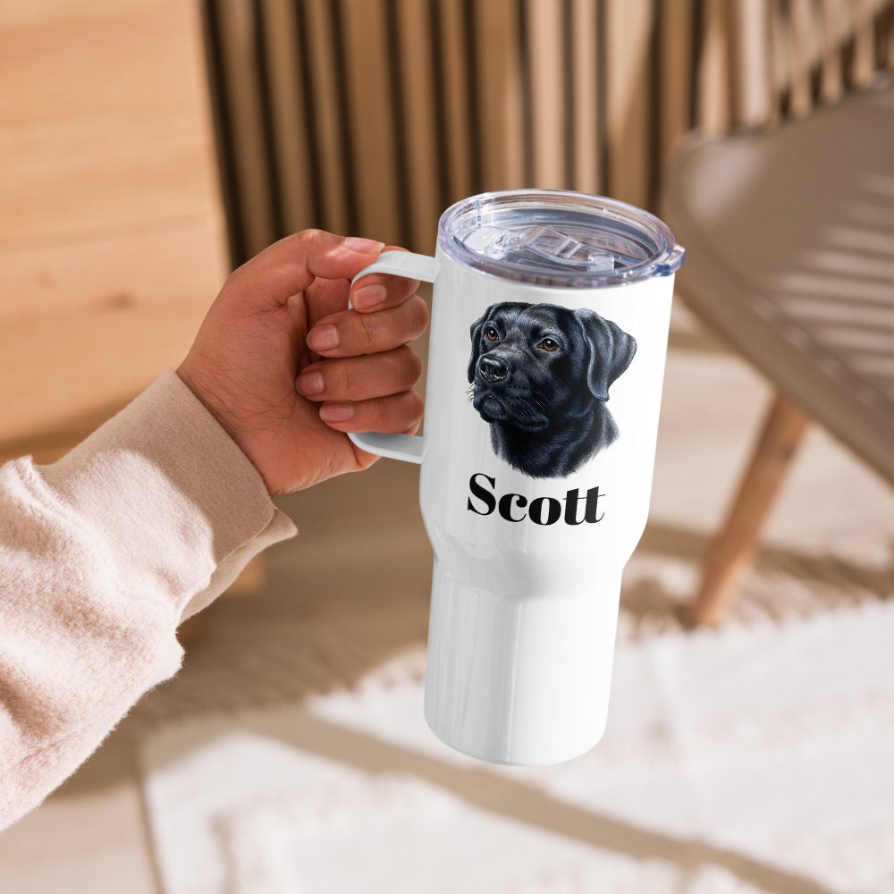 Custom Black Lab Retriever Dog Travel Mug Tumbler with Handle, Stainless Steel BPA-free plastic Cup, 25 Ounce Mug, Dad Dog Lover Gift