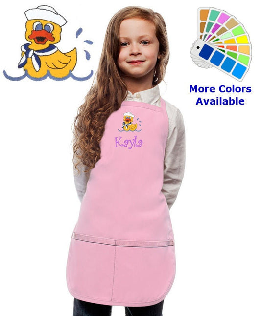 Personalized Kids Apron with Rubber Ducky Duck in Water Embroidery Design