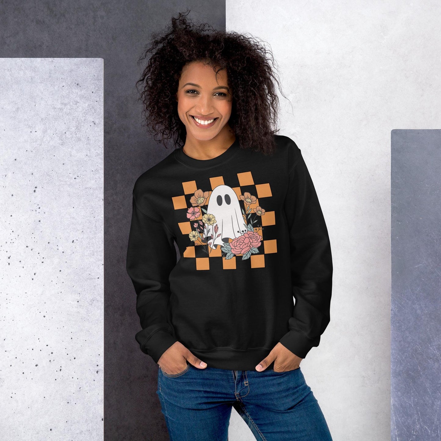 Halloween Ghost Sweatshirt, Cute Ghost Checker Floral Sweats, Womens Halloween Sweatshirt, Cute Retro Fall Sweats, Spooky Season, Fall Gift