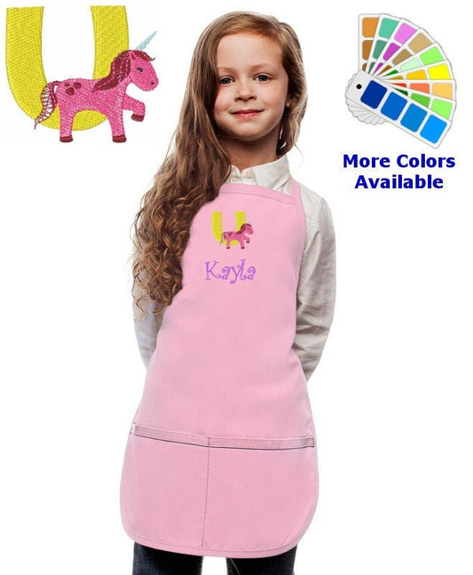 Personalized Kids Apron with Animal Alphabet Letter U Unicorn Embroidery Design, Monogrammed Art Smock, Childrens Apron, Cooking Gift