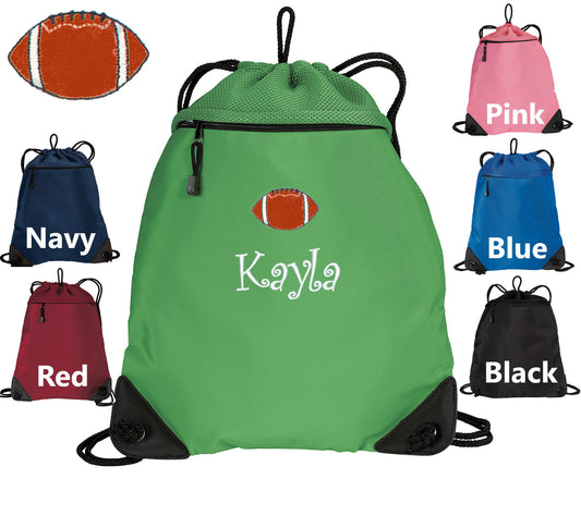 Personalized Football Coach Cinch Pack, Coach Gift, Drawstring Gym PE Pool Backpack, Embroidered Football, Monogrammed Custom Name