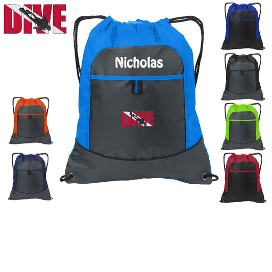 Personalized Kids Cinch Pack Drawstring, Dive Design, Gym School PE Sports Backpack, Embroidered Monogrammed Custom Name School Gift