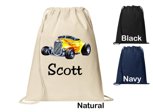 Personalized Car Hotrod Yellow Flames Cinch Pack, Drawstring Gym School PE Pool Backpack, Printed Monogrammed Custom Name, Perfect Gift