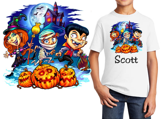 Personalized Kids T-Shirt Halloween Trick or Treat Design, T-Shirt, Colorful, Cotton, Low Price Inexpensive Tee Shirt, Student School Gift