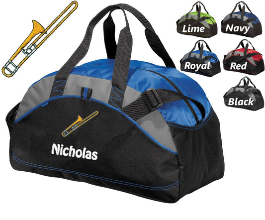 Personalized Kids Duffel Bag, Trombone Design, Gym Bag, School Band, Contrast Piping Stitching, Embroidered Name, Music Gift, Student Gift