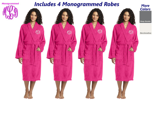 Four Monogrammed Robes Plush Microfleece Embroidered Bulk Order with Your Initials, Bridesmaid Robe Gift