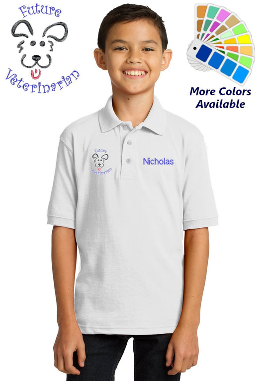 Personalized Kids Polo Shirt Embroidered Future Veterinarian Puppy Dog Monogrammed with a Name or Text of Your Choice