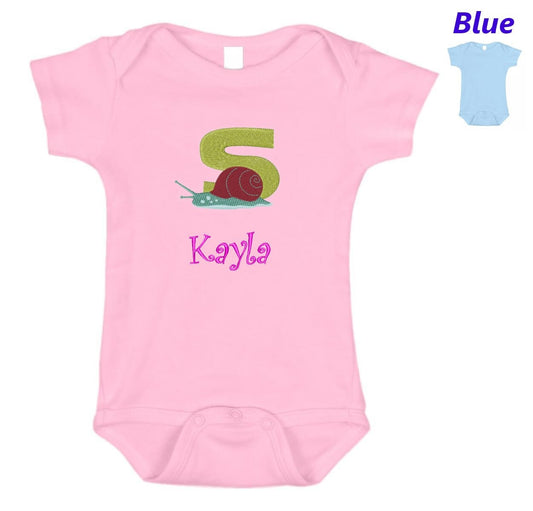 Personalized Baby Onesie Pink Blue Embroidered Letter S Snail Newborn One Piece Body Suit Baby Shower Gift Monogrammed Your Baby's Name