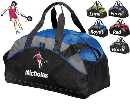 Personalized Kids Duffel Bag, Girl Tennis Player Design, Gym Bag, School Sports, Contrast Stitching, Embroidered Name, Tennis Gift