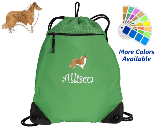 Personalized Cinch Pack, Drawstring Gym School PE, Pool Backpack, Embroidered Collie Dog, Monogrammed Custom Name, Perfect Student Gift