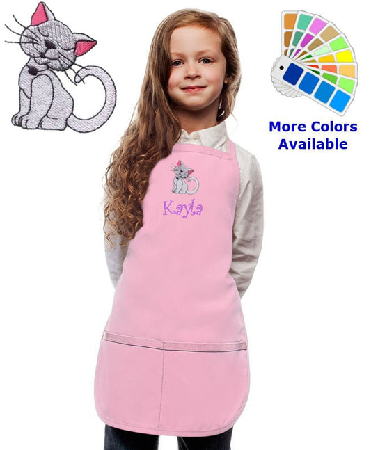 Personalized Kids Apron with Cat Kitten, Custom Embroidered Name, Monogrammed, Art Gift, Chef Gift, Cooking Party, Art Party, School Aprons