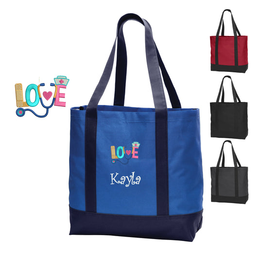 Personalized Canvas Nurse Tote Bag, Love Design, Shoulder Bag, Custom Tote with Handles, Embroidered Custom Name, Nurse Gift