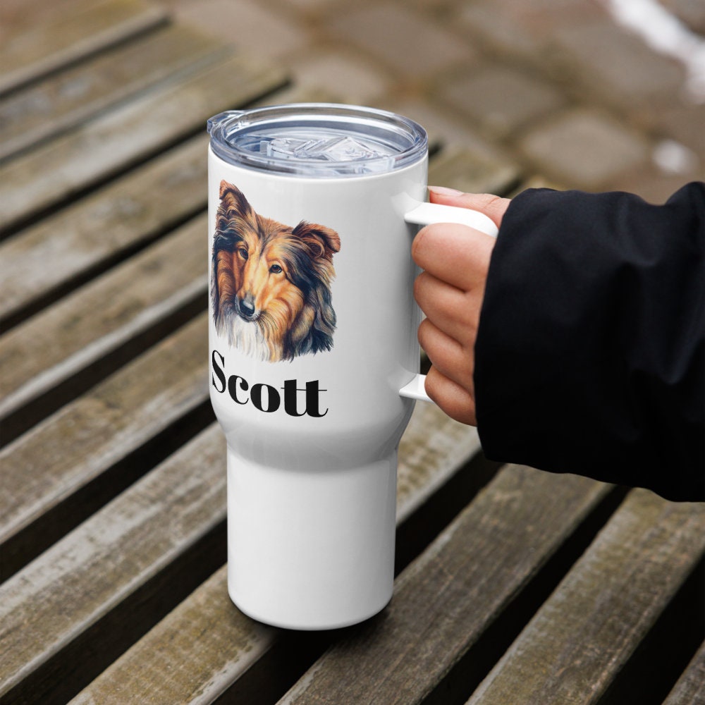 Custom Collie Sheltie Dog Travel Mug Tumbler with Handle, Stainless Steel BPA-free plastic Cup, 25 Ounce Mug, Dad Mom Dog Lover Gift