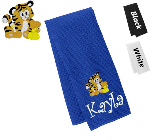 Personalized Towel Tiger Design, Kitchen Towel, Hand Towel, Bathroom Towel, Waffle Microfiber, Embroidered Name, Kids Gift, Mom Gift