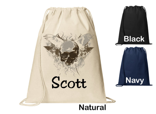 Personalized Goth Skull Bat Wings Design Cinch Pack, Drawstring Gym School Pool Backpack, Printed Monogrammed Custom Name, Perfect Gift