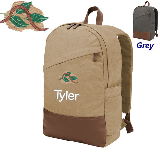 Personalized Backpack, Earthworm Design, Mens Backpack, School, Student Gift, College Gift, Custom Backpack, Embroidered Name, Khaki, Grey