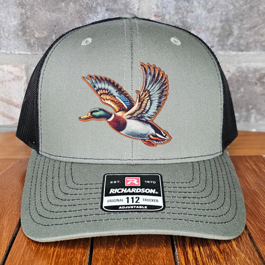 Duck Hunter Leather Patch Trucker Hat, Richardson 112, Colorful Bird Hunter Hat, Dad Gift Husband Gift, Sportsman Gift, Printed