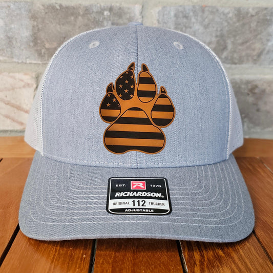 Dog Leather Patch Trucker Hat with Paw Print Flag, Richardson 112, Dog Lover Gift, Dad Gift, Husband Gift, July 4th USA Hat, Laser Engraved