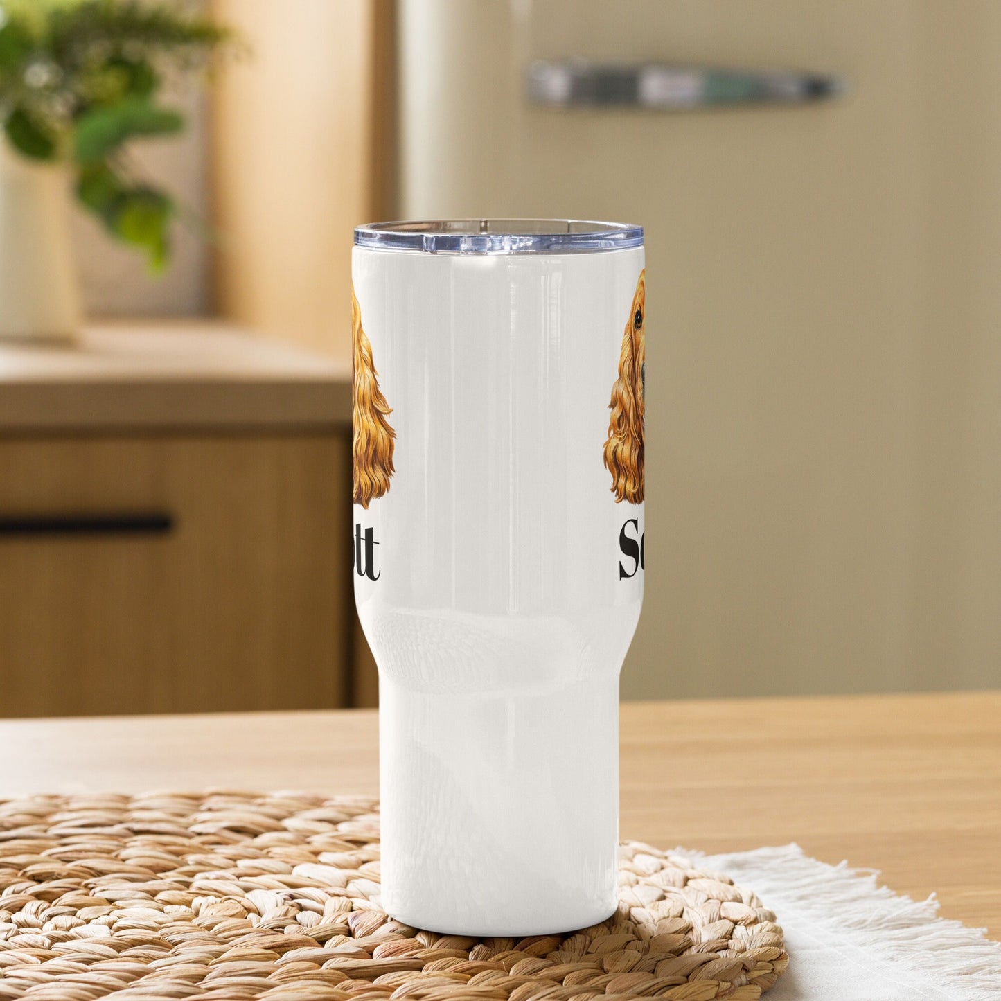 Custom Cocker Spaniel Dog Travel Mug Tumbler with Handle, Stainless Steel BPA-free plastic Cup, 25 Ounce Mug, Dad Mom Dog Lover Gift