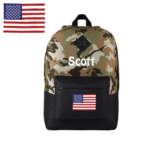 Personalized Camouflage Kids Backpack, Embroidered American Flag, Military, Monogrammed Custom Name of Your Choice, Perfect Kids School Gift