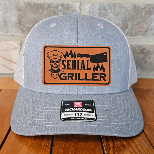 Griller Leather Patch Trucker Hat, Richardson 112, BBQ Bar B Q Cap, Funny Hat, Cookout Lover Hat, Dad Gift, Skull, Laser Engraved