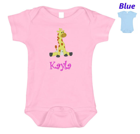 Personalized Baby Onesie Pink Blue Embroidered Baby Giraffe Newborn One Piece Body Suit Baby Shower Gift Monogrammed with Your Baby's Name