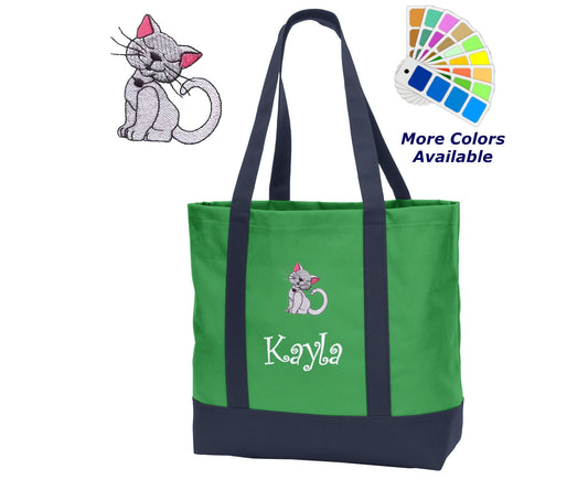 Personalized Tote Bag Embroidered Kitty Cat, Name, Perfect Cat Lover Gift, Animal Lover Gift, Cat Pet Gift